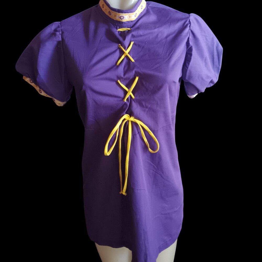 Vintage Women's Small Mini Dress 1970's 1of1 Tunic Top Purple Lace-Up True Mod